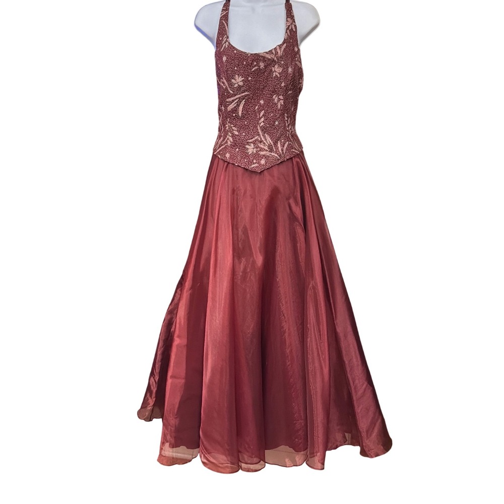 Vintage Kiki USA Gown Y2K Fall Prom Whimsigoth Formal Beaded Strappy Burgundy L